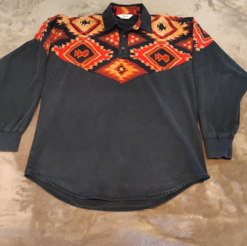 Roper Black Shirt with Red and Orange Aztec Accents